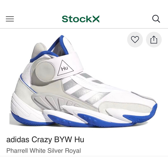 Men's Adidas Crazy BYW Hu Pharrell Sneakers 6.5 White Silver Royal Blue